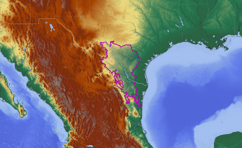 Shaded relief map of northeastern Mexico and south Texas with the Tamaulipan Mezquital ecoregion outlined along the Gulf coastal plain